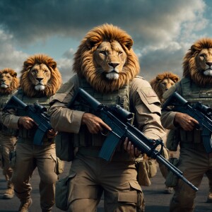 Create a 3D rendering of anthropomorphic lions with exaggerated...