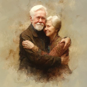 Generate an image of an elderly Caucasian couple, warmly embraci...