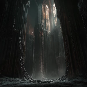 Create an image of an ancient cathedral shrouded in darkness, wi...