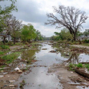 A flooded Texas landscape, with murky waters covering the street...