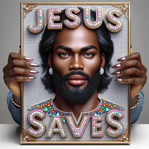 A 3D realistic artwork featuring the phrase 'Jesus Saves' adorne...