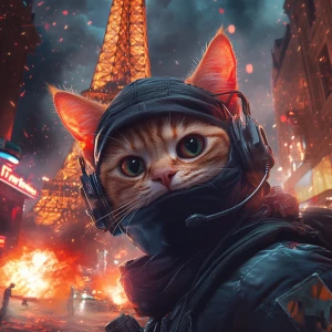 A wide-eyed ginger cat wearing a black tactical balaclava and mi...