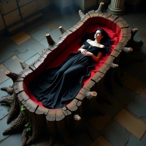 A dark, ancient coffin carved directly into the hollow of a mass...