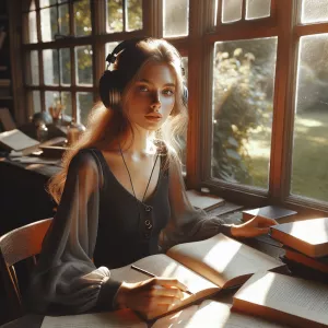 Create an illustration of a young woman with long, light-colored...