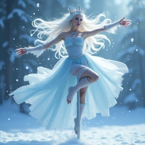 Depict an Iceborne Empress performing an elegant pole dance atop...