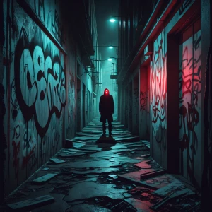 Twisted, nightmarish graffiti covering a decaying urban alleyway, dripping and pulsating with unnatural colors; a shadowy figure with glowing red eyes lurks in the background.