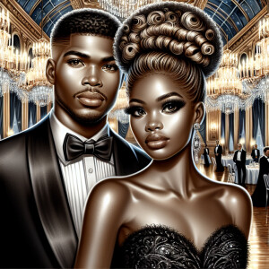 A light skin African American couple at a fancy ballroom event....
