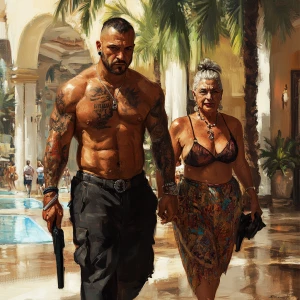 (realism art),a man( criminal muscular beefy sweaty tattoed pier...