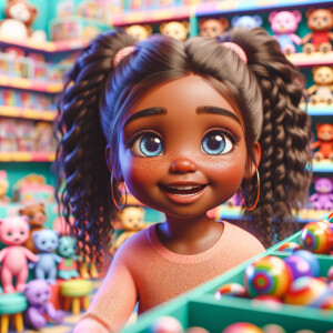 Create a 3-D realistic image of an African-American little girl above the age of five she has huge, blue eyes and thick long ponytails.
She is in a toy store and she is playing with her favorite african-American Cabbage Patch doll , the doll has deep, dimples and freckles