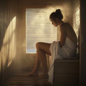 Woman relaxing in a steamy sauna, sitting on a wooden bench with...
