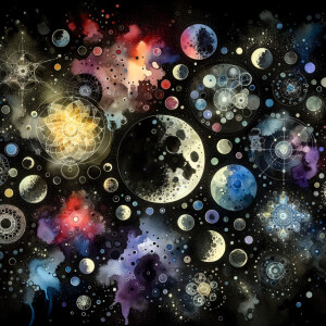 A black background with watercolor designs scattered around, sca...