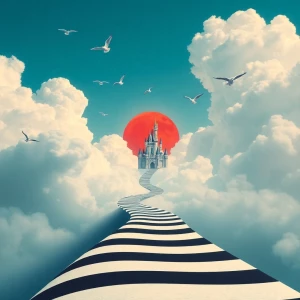 A winding striped path of black and white goes through up into the sky, Fantasy castle in the clouds, big red sun    silueta parbada de aves, in a surreal ambiance