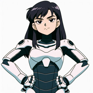 1990s anime screencap, girl a plugsuit, standing with hands on h...