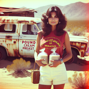 Create a faded color film photograph from 1973 of a beautiful, n...