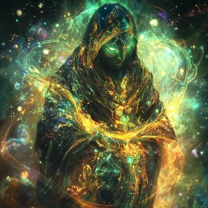 A luminously ethereal elysian warlock, exuding an aura of myster...
