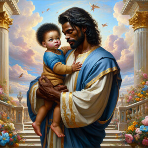 Classical oil painting style depicting an African-American Jesus...