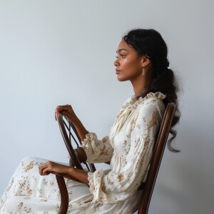 A cute Blasian woman sitting in a wooden chair
Brown ponytail...