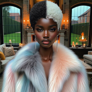 a full body veiw of a colorful gloss hyper realistic oil painting of a regal beautiful light skinned afro  American girlwith beautiful pixie cut one side of hair is black and the other side  of her hair white slick baby hair and furry white and pink and blue furry coat and outfit under the coat standing in living room with fireplace