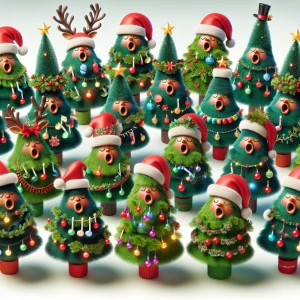 A chorus of animated Christmas trees singing Christmas carols, e...