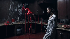 need a realistic photo in which a woman in a white sleep dress a...