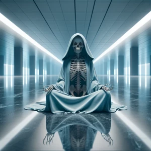 Female skeleton wearing a soft blue hooded robe, sitting on the...
