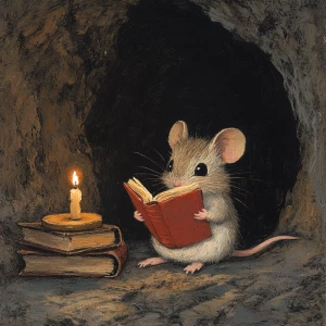 A small mouse, light brown and gray in color, is depicted in a stylized illustration. The mouse is seated in a dark cave-like opening, positioned slightly to the left of center within the frame.  It is holding an open, reddish-orange book, with the mouse's attention directed towards the book.  The mouse's expression is contemplative and focused, with large, dark eyes.  The mouse's body is proportionate and rounded, with visible paws and subtle fur details.  A small, lit candle is visible to the mouse's left, along with stacks of books. The background is dark and shadowed, contrasting with the light from the candle and the mouse's position.  The style is illustrative and painterly, reminiscent of a detailed colored pencil or pastel drawing.  The lighting is soft, highlighting the mouse and the book, creating a warm atmosphere.  The composition is well-balanced, focusing the viewer's attention on the mouse engrossed in reading. The perspective is slightly above the mouse, drawing attention to the scene as if peering into a small cave.  The overall style is quiet and engaging.