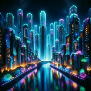 Capture a futuristic cityscape at night, characterized by mesmer...