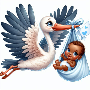 A single picture of adorable cute whimsical a stork flying with...