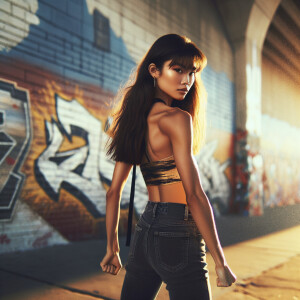 Athletic Thin skinny Attractive, Asian teenage girl, long brown hair and bangs, wearing tight skinny jeans and a halter top paint marks on her clothing, heroic pose Asian graffiti background, backside view