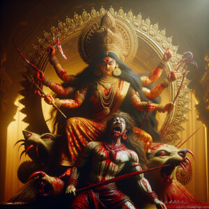 portrait of angry looking goddess durga sitting on a gold crown...