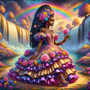 Remix Prompt
S/O Jackie Torres
S/O Panda Locke

create a animated style hyper realistic airbrush whimsical oil painting of a light African American woman wearing a flawless beautiful purple, pink, and gold blossom dress long flowing with colorful flowers and ruffles on the dress colorful jewelry made of flowers she has long black dreadlocks in a bun a colorful rose in her hair her peep toe shoes is matching her dress behind her is a beautiful waterfall liquid glowing lights beautiful colorful rainbow surrounded by beautiful roses.