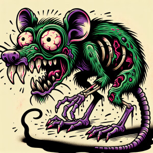 An evil cartoonish zombie rat fink with bulging eyes in a old sc...