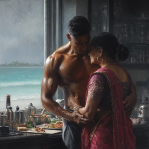 Hyperrealism painting.a muscular sweaty indian man standing be...
