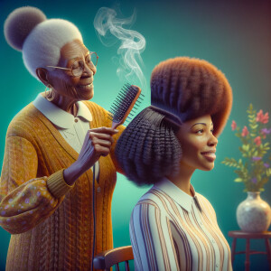 Create a realistic 3-D image of an african-American grandmother in the kitchen with her african-American granddaughter. The grandmother has a hot comb in her hair and she is straightening her granddaughters hair. One side of her granddaughters hair is in  a Afro the other is bone straight 
There is smoke coming from the hot comb