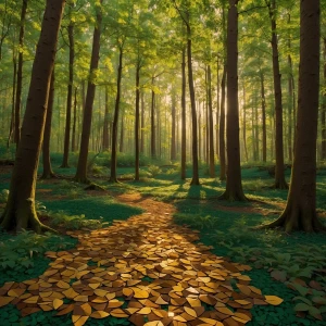 A serene forest scene rendered entirely in a vibrant tessellatio...