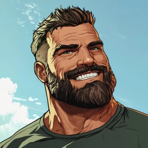 A muscular man with a big chin and beard who smiles in GTA style