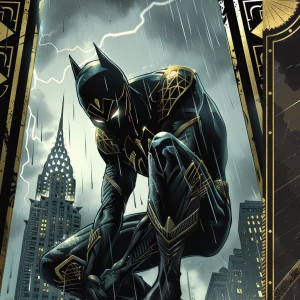 A crouched manga-style hero perches dynamically on a rain-slick...