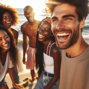 A man with dark hair and green eyes having fun at the beach with...