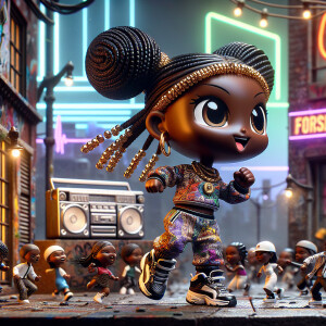 “A hyper-realistic, glossy chibi-style African American girl wit...