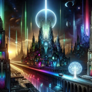 Capture a futuristic alien metropolis with towering crystal stru...