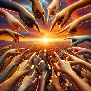 Generate a hyper-realistic detailed image of several hands point...