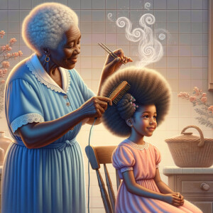 Create a realistic 3-D image of an african-American grandmother wearing a blue house dress. She is in the kitchen with her african-American granddaughter. Her granddaughter is wearing a pink dress The grandmother has a hot comb in her hand and she is straightening her granddaughters hair. One side of her granddaughters hair is in  a Afro the other straight 
There is smoke coming from the hot comb