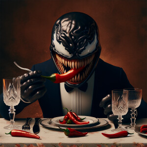 Venom sitting at an elegant dining table, taking a bite of a spi...