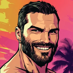 White muscular thin man with beard, big chin, smile and cheekbon...