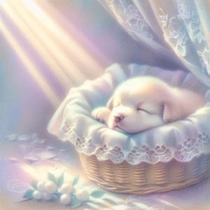 A sleeping puppy nestled in a basket under a soft, pale sunbeam filtering through a window.