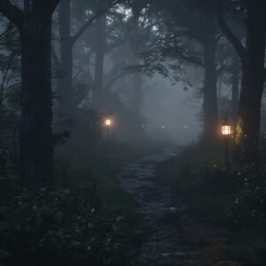 AI Image: A dark, foggy forest with the faint outline of a path...