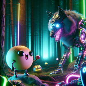 A round bun with eyes and mouth met a cyborg wolf in the forest....