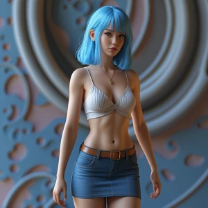 Cute woman with blue hair and beautiful body with only a skirt