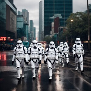 Storm troopers walking down a city road