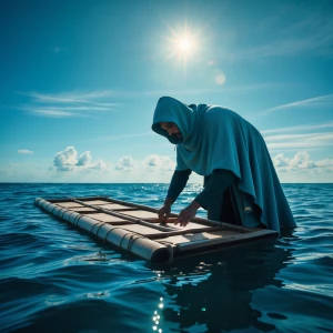 Create an image depicting a solitary figure in a cloak meticulou...